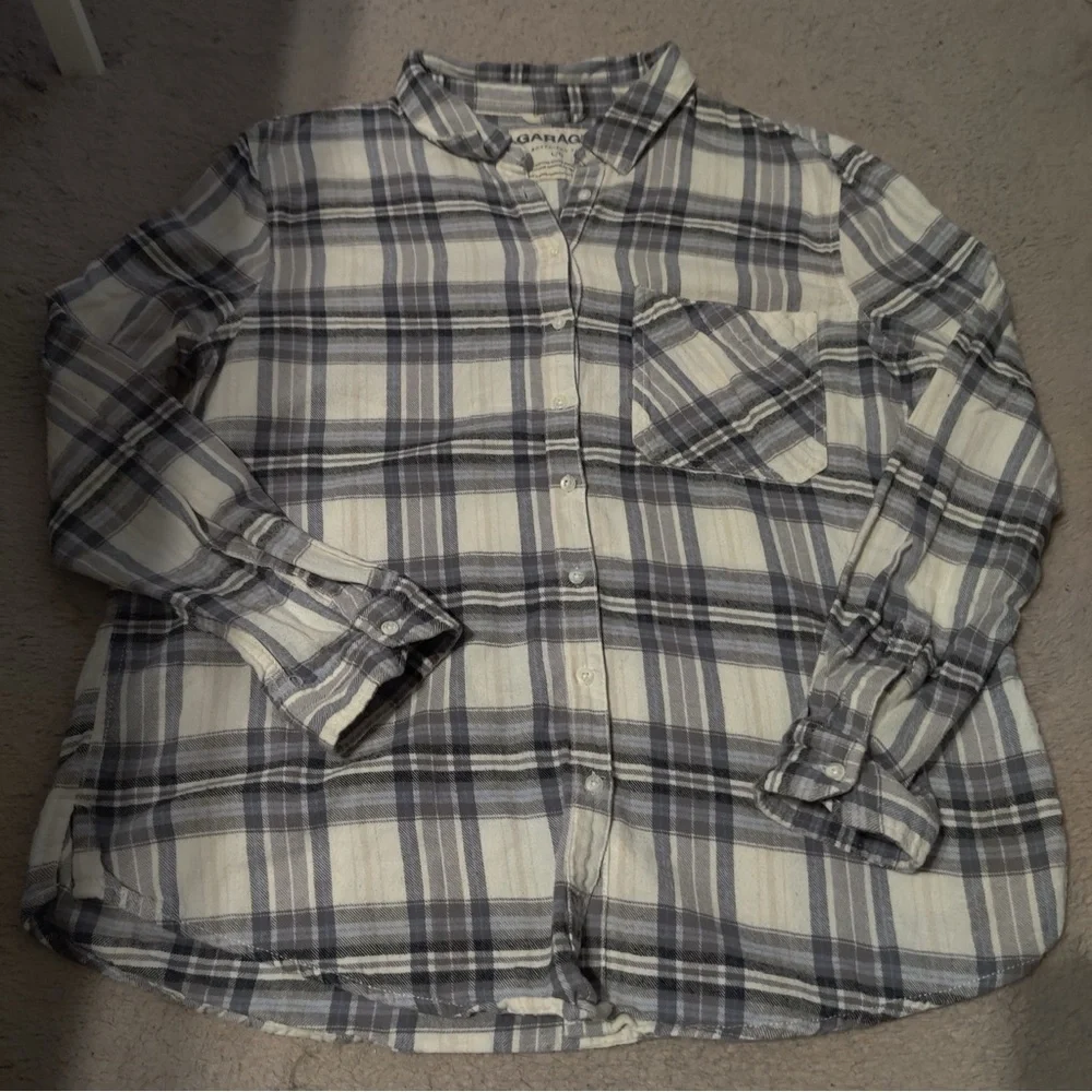 Garage Gray Cream Plaid Boyfriend Fit Button Front Flannel Shirt - Picture 2 of 6